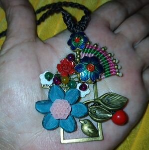 Vintage Necklace Beads, Butterfly, Bird, Antiqued Brass Pendant